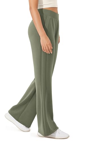 ODODOS Women's Modal Soft Mini Flared Pants with Pockets High Waist Pull-On Casual Lounge Pants-31 Inseam, Dark Sage, Medium