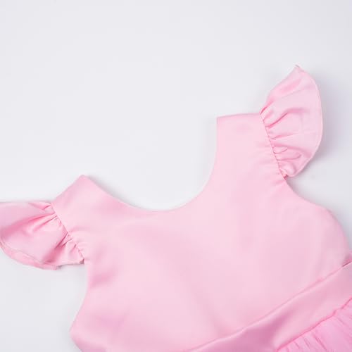 JerrisApparel Girls Satin High Low Dress Ruffle Sleeves Party Dress Pearl Tulle Layered Skirt with Large Bow Back3