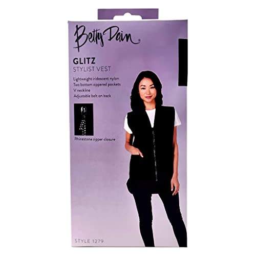 Betty Dain Glitz Rhinestone Zipper Salon Stylist Vest, Rhinestone Closure And Iridescent Fabric, V-Neckline, Adjustable Belt, Pockets With Zippered Bottoms, Water Resistant Lightweight, Black, Xs #TOP6