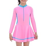 NautySaurs Mädchen-Badeanzug mit Rock, Schulstil, bescheidene Bademode mit Shorts, Kinder-Patchwork, Kleinkinder, Mädchen, All-in-One-Badeanzug, Rosa, lange Ärmel, 1-2 Jahre