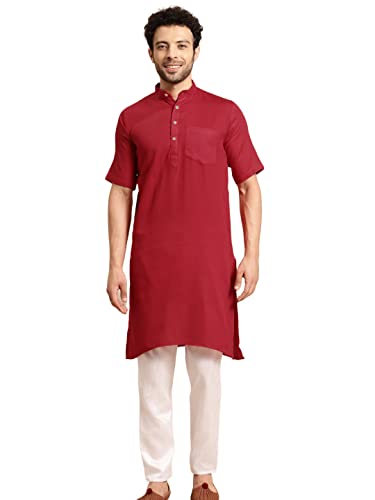 Image of Rajubhai Hargovindas Men's Pure Cotton Woven Design Half Sleeve Kurta