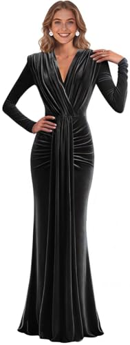 FoinLuve Long Sleeve Velvet Evening Dress with Tie Empire Waist Bridesmaid Dresses Mermaid V-Neck Prom Formal Gowns Black 10