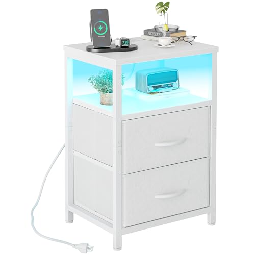 TIQLAB End Table with Charging Station, Side Table with 2 Fabric Drawers and Outlets, Nightstand with Cloth LED Light, Couch Table for Bedroom, Living Room, Small Spaces, White