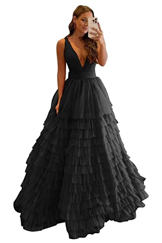 Women's Tiered Tulle Prom Dresses Long Ruffles Ball Gown V Neck A-Line Layered Formal Evening Party Gowns