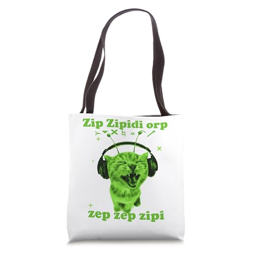 Y2K Alien Cat Meme Silly Cute Headphones Space Kitty Funny Tote Bag