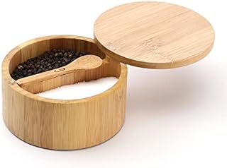 KITCHENDAO Bamboo Salt and Pepper Bowl Box - Built-in Serving Spoon to Prevent Lost - Swivel Lid with Magnet to Keep Dry, Dust-Free - Salt Cellar Seasoning Container Holder - Dual 7 Ounce Capacity
