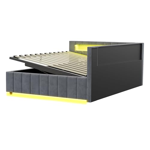 RIAZOS Polsterbett Schlafsofa 140x200, Doppelbett mit Hydraulischem Stauraum, mit LED-Licht und USB-Ladefunktion, Tagesbett Jugendbett mit Lattenrost, Samtstoff, ohne Matratze, Grau