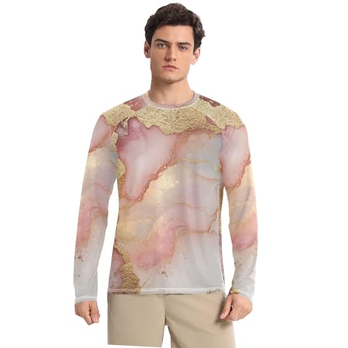 Marble White Blush UPF 50+ Long Sleeve Sun Shirt Loose Type Round Neck Men's Sun Shirt Long Sleeve Summer