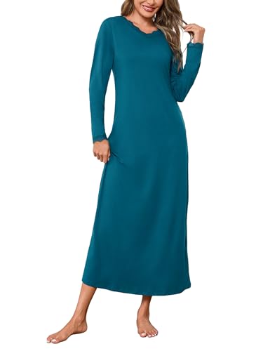 Demegimi Nachthemd Damen Langarm Schlafshirt Baumwolle Lang Spitze Nachtkleid Winter Nachtwäsche S-3XL