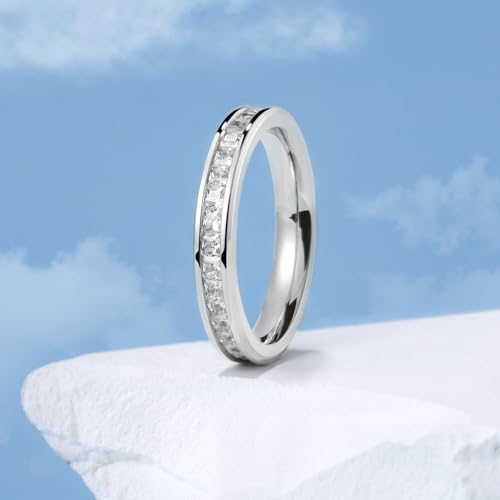 King Will Cubic Zirconia Wedding Band for Women, 3mm CZ Simulated Diamond Stackable Ring Eternity Ring for Women, Silver Plated Cubic Zirconia Anniversary Ring & Comfort Fit Size 8 by King Will - Image 2