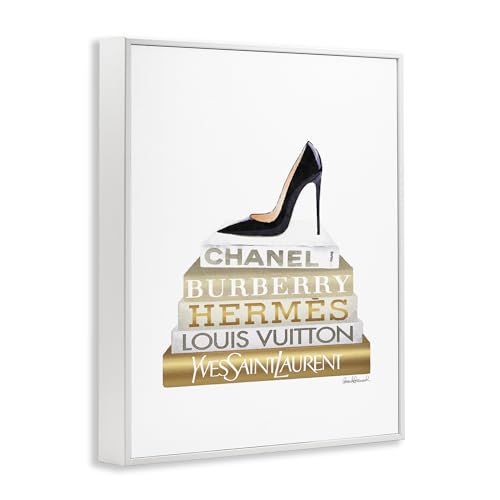 Image of Stupell Industries 'Black Heels Gold White Bookstack', Framed Giclee Art, White, 16 x 20 Inches, Easy to Hang and Sturdy, Made in USA, by Amanda Greenwood | Stupell Industries | White, 16 x 20 Inches, Easy to Hang and Sturdy, Made in USA, by Amanda Greenwood