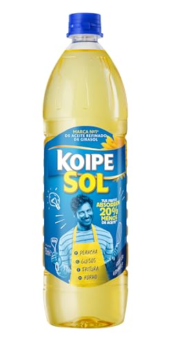 ‎Koipe Sol - Aceite de Semillas de Girasol, Rico en Vitamina E, Absorbe 20% Menos de Aceite, para Plancha, Guisos, Frituras y Horno - Botella de PET, 1 L