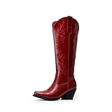 DREAM PAIRS Womens Cowboy Boots Knee High Western Retro Embroidered Cowgirl Boots Comfortable Square Toe Tall Boots,Size 5.5,Red,SDKB26003W