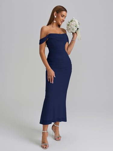 Image of KUTUMAI Off The Shoulder Maxi Long Dress Corset Ruched Bodycon Cocktail Formal Wedding Guest Dresses for Women