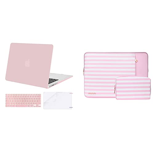 MOSISO Compatible with MacBook Air 13 inch Case A1369 A1466 Older Version 2010-2017 Release, Plastic Hard Case&Horizontal Stripe PU Leather Sleeve Bag&Keyboard Cover&Screen Protector, Rose Quartz&Pink