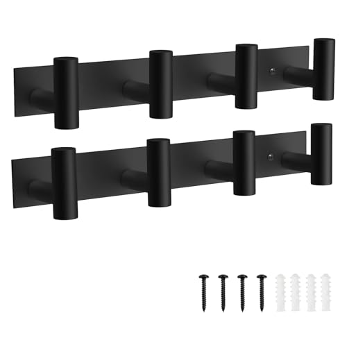 VAEHOLD 2PACK Hat and Coat Wall Mount Rack - 4 Hooks for Robes, Bags, Keys, and Towels - Bathroom Towel Hanger Organizer -Black