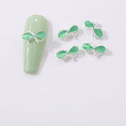 qbodp 20 Pcs Green Bows Nail Decoration Fashion Nail Art Decoration Opal Bow Decoration for Nail, Nail Supplies Nail Art Decoration Accessories,Silver