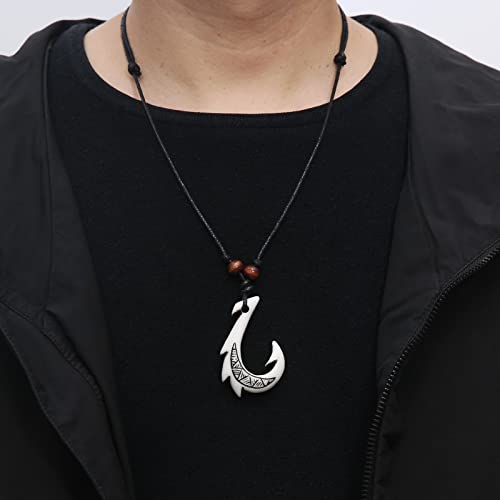HZMAN Hawaiian Fish Hook Pendant Hemp Cord Chain - Maori Tribal Necklace3