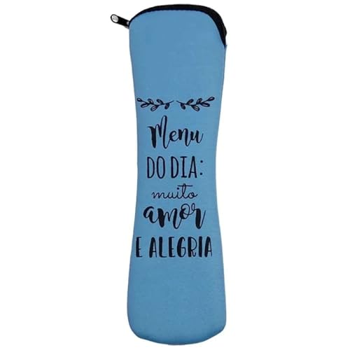 Porta Talheres Neoprene Com Frases Motivacionais Bolsinha Estojo Portatil Viagem Marmita Com Ziper Garfo Faca Canudo Reutilizavel Escova de Dente (Azul Claro)