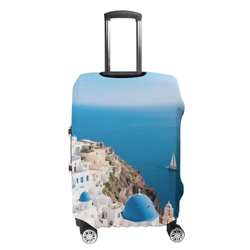 Santorini Greek Island Sea View Elastic Luggage Cover Suitcase Protector for 19-32 Inch Suitcases | Universal Stretchable Travel Bag Cover | Anti-Scratch, Washable with Zipper Closure S4