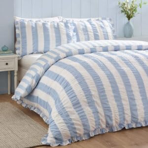 Catherine Lansfield Seersucker Frill Stripe Super King Duvet Set Blue โ image 1