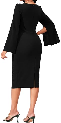 Image of Dresses for Women Elegant Long Sleeves Ruffles Pencil Knee Length Split Business Dress with Belt Zipper