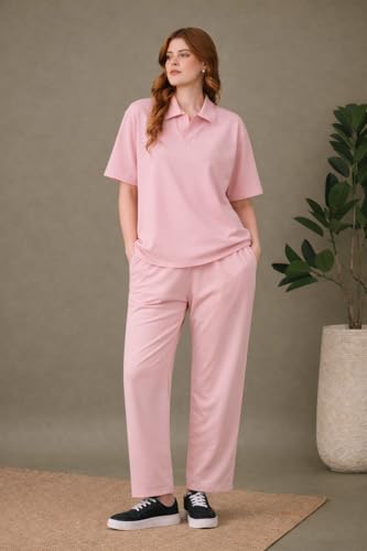 Image of Kvetoo Women Solid Tracksuit Set Cotton Lounge Wear Set Half Sleeve Polo T-Shirt & Straight Pant Casual Travel Outfit