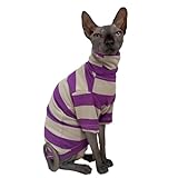 Vintage Stripes Sphynx Hairless Cats Shirt Cotton Cat Turtleneck Pet Clothes Kitten T-Shirts with Sleeves for Sphynx Cats (Wide Purple Grey Stripe, Large)