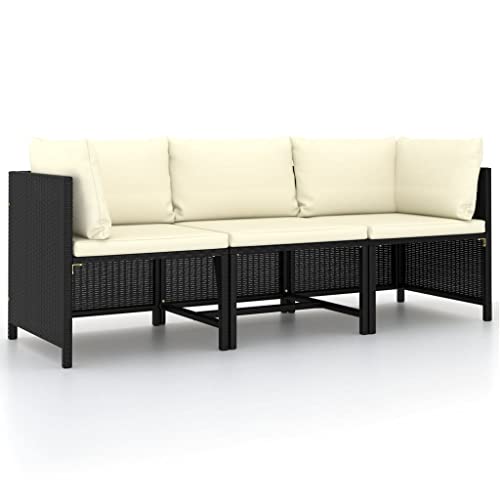 vidaXL Sofá de Jardín de 3 Plazas con Cojines Patio Terraza Balcón Salón Sala de Estar Exterior Muebles Mobiliario Almohada Ratán Sintético Negro