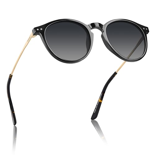AVAWAY Round Polarized Sunglasses for Women Medium Face UV400 Protection Acetate Frame Metal Arm Category 3 Sun Glasses