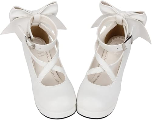 [cnstone] シンプル定番ロリータパンプス ロリータ靴 リボン ロリータ 靴 メイド靴 ロリィタ靴 ブラック 黒 白 ホワイト ロリータジーンズ ストラップパンプス お嬢様 お姫様風 おでこ靴 おでこトゥパンプス ストラップパンプス (白, 日本の靴のサイズ寸法, 大人, 数値, 23.5 cm)（Amazon）