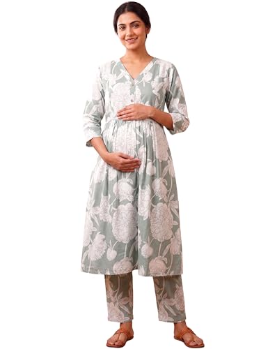 Image of RITIJYA Pure Cotton Feeding Kurta Pant Set for Women | Floral Anarkali Pregnancy Dress with Concealed Nursing Zipper Side Pocket | Pre & Post Partum | Maternity Dresses | Baby Shower Outfit