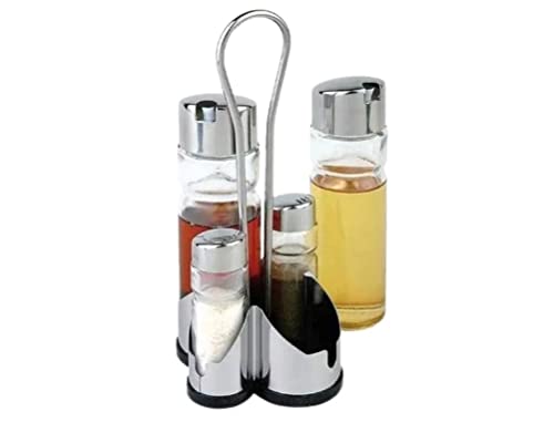 Fair Oliera Set 4 Pezzi, Olio Aceto Sale e Pepe, Menage Supporto in Acciaio, Bottiglie in Vetro Ricaricabili Antigoccia, Kit da Tavola