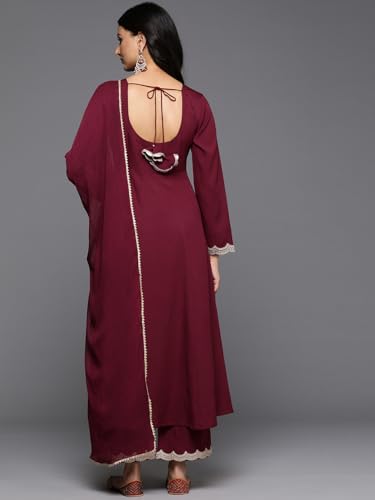 Image of Varanga Women Maroon Zari & Sequins Embellished Anarkali Kurta with Bottom and Dupatta - V-Neck, Potali Button Yoke, Long Sleeves