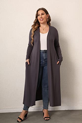 Image of Women Plus Size Floor Length Open Front Drape Cardigan Lightweight Long Sleeve Maxi Duster with Pockets 1X-5X