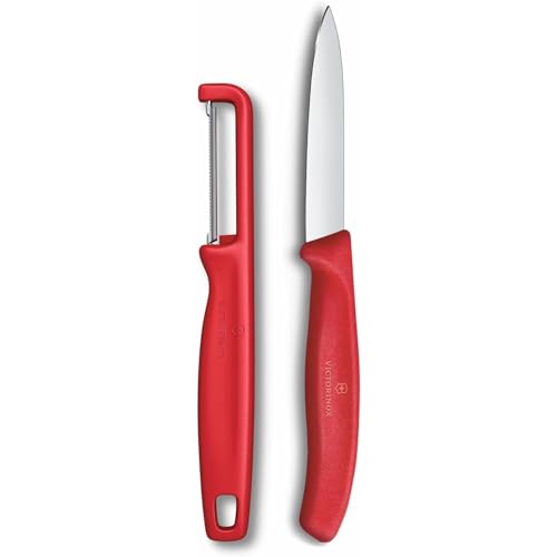 Victorinox Swiss Classic Juego de cuchillos con pelador, para verduras y frutas, 2 piezas, hoja extra afilada, Rojo