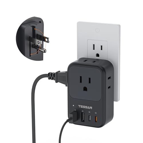 TESSAN USB C Charger Block 20W PD, Fast Charging Adapter with Foldable Plug, 1875W Power Outlet Extender(4 AC and 4 USB) for Cruise, Home, Office, Dorm Room Essentials, Black