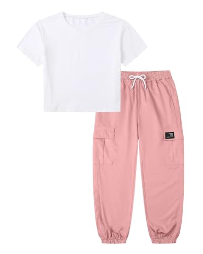 Image of Betusline Girls Fall Winter Clothing Sets, Long Sleeve Crop Top & Cargo Jogger Pants 2 Piece Outfit Sets,4T-14Y