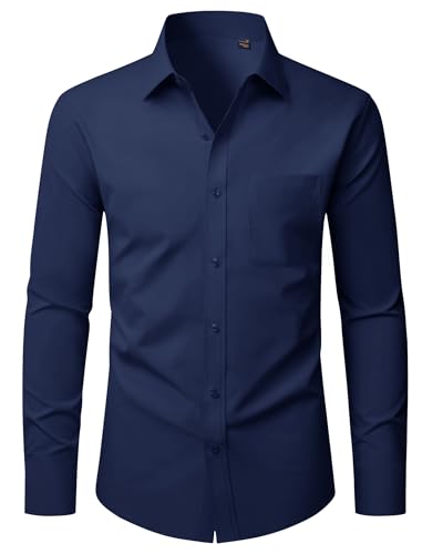 Alimens & Gentle Mens Dress Shirt Long Sleeve Slim Fit Stretch Formal Casual Button Down Navy Blue Shirts with Pocket XL