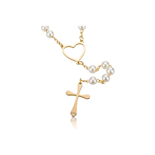 Edforce Stainless Steel Heart and Pearl Rosary with Cross, 29.5 inch3