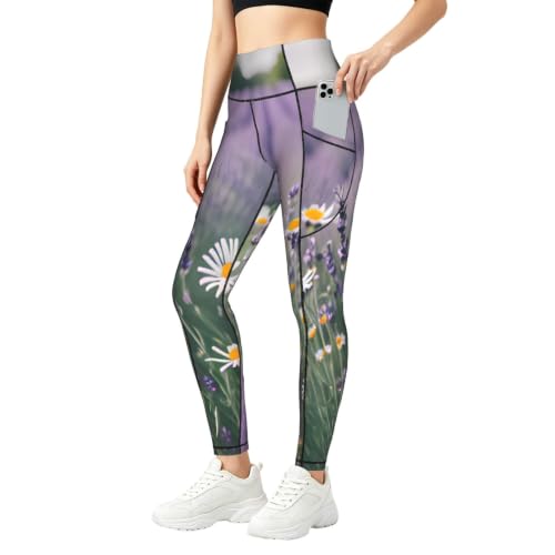 Pantalones de yoga para correr e informales legging estampado lavanda con bolsillos prácticos