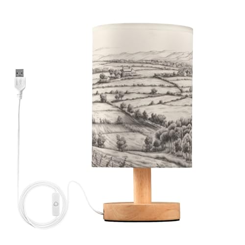 SDMKA Grassy Landscape Bedside Table Lamp for Bedroom, Minimalist Nightstand Lamp with Round Fabric Shade for Living Room, Office, No Bulb Required