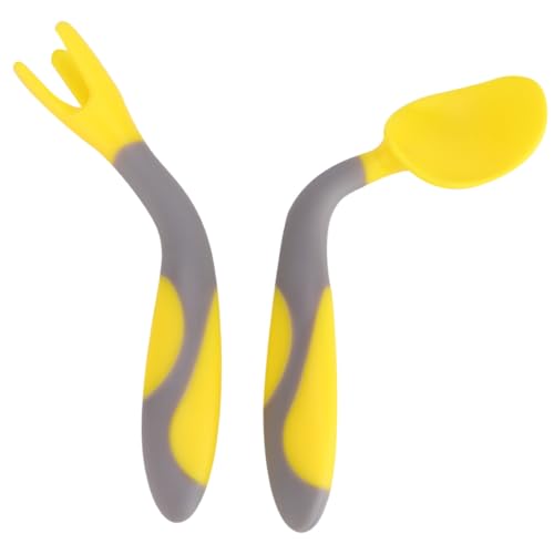 COOLHIYA Training Tableware for Non-Slip Easy Grip Fork and Curved Spoon Utensils High Temperature Resistant Learning Cutlery in Lemon Yellow Safe and Practical Eating Practice Tools