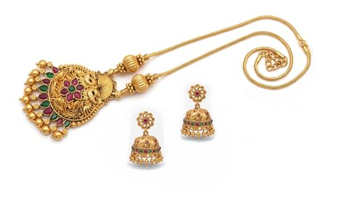 Image of Traditional Gold-Plated Lakshmi Temple Pendant Necklace Set for Women | Antique South Indian Jewelry with Jhumka Earrings | Ethnic Bridal, Wedding & Festive Jewelry Set