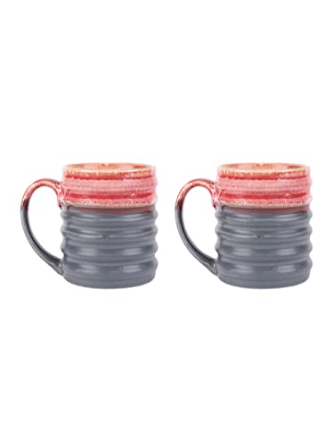 Image of miah decor Handmade Studio Pottery Coffee Mug Set of 2, 300ml Ceramic Tea Cups Set, Dual Tone Stoneware Coffee Cups & Mugs, Ribbed Handmade Tea Mug Set, Microwave & Dishwasher Safe