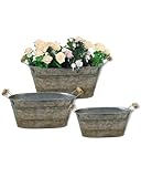 vensovo Galvanized Metal Oval Planter Buckets with Handles – Set of 3 Rustic Farmhouse Flower Tubs with Drain Holes & Plugs, Vintage Small Pots for Herbs, Succulents, Wedding or Tabletop Decor