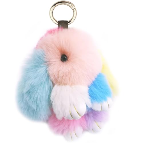 jtkdxqs Soft Cute Bunny Keychain Artificial Rainbow Rabbit Fur Plush Fluffy Pom pom Key Ring for Women,style 2