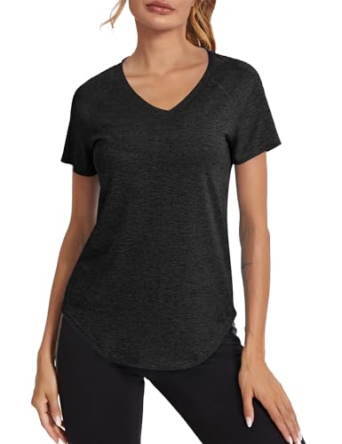 T-Shirt Sport Femme Tee Shirt Manches Courtes Yoga Col V T-Shirts Tops Running Fitness Pilates