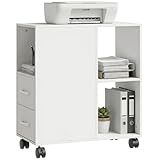 HOMCOM Mobile Porta Stampante a Rotelle con 2 Cassetti, Vano Aperto e Ripiano Regolabile, Mobile Stampante per Documenti da Ufficio e Studio, 60x30x65 cm, Bianco