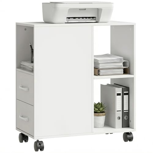 HOMCOM Support d'imprimante, Meuble de Rangement sur roulettes, Caisson de Bureau avec tiroirs, étagère réglable et Compartiment Ouvert, 60 x 30 x 65 cm, Blanc